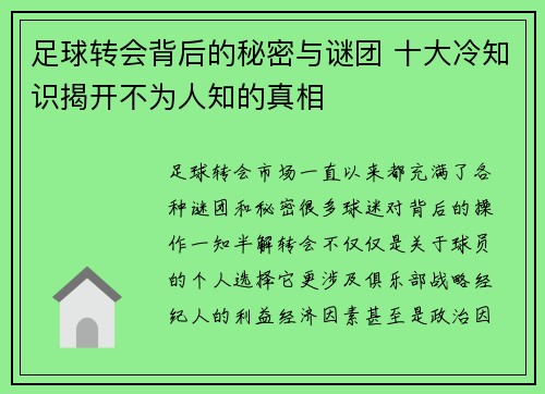 足球转会背后的秘密与谜团 十大冷知识揭开不为人知的真相