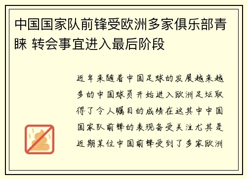 中国国家队前锋受欧洲多家俱乐部青睐 转会事宜进入最后阶段