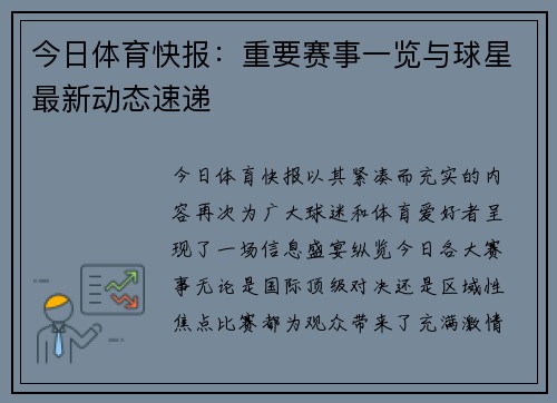 今日体育快报：重要赛事一览与球星最新动态速递