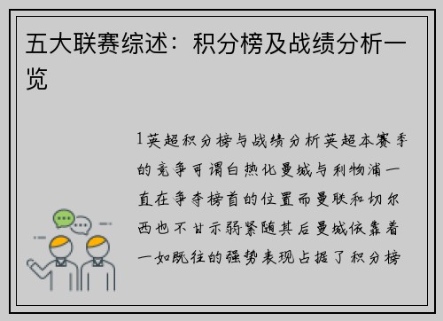 五大联赛综述：积分榜及战绩分析一览